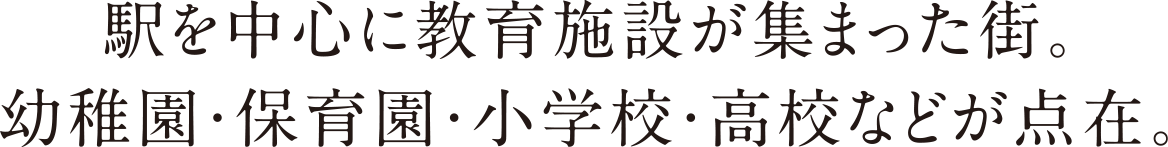 駅を中心に教育施設が集まった街。幼稚園・保育園・小学校・高校などが点在。